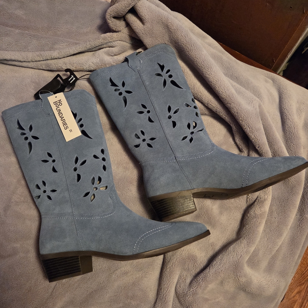 No Boundaries Light Blue Suede Laser-Cut Mid-Calf Boots